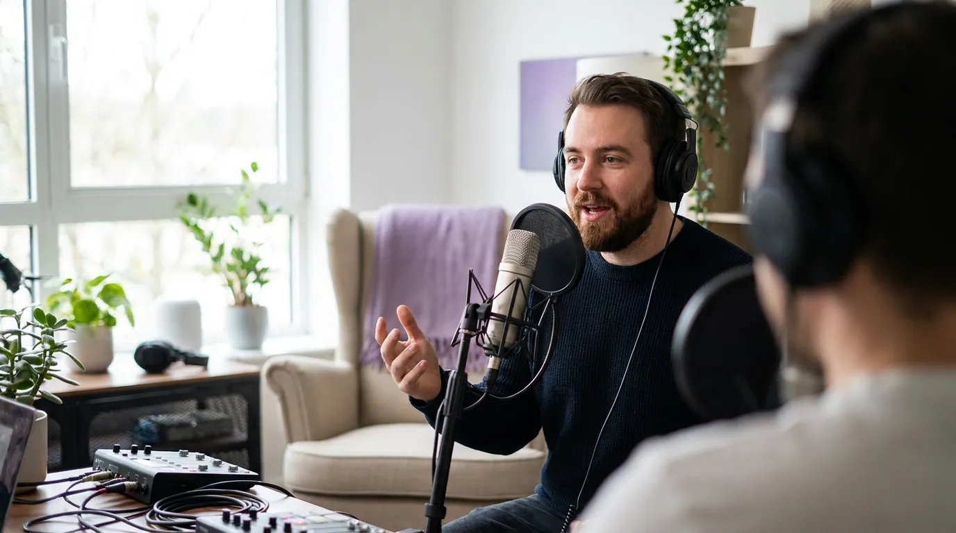 Illustration depicting Best Mic Setup for a Two-Host Podcast in One Room