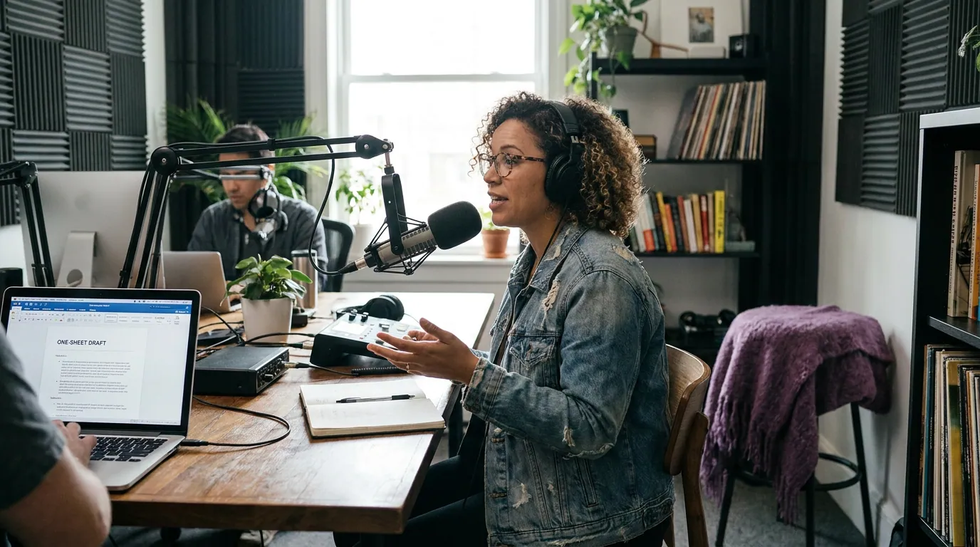 Illustration depicting How to Build a Podcast Guest Media Kit (One-Sheet)
