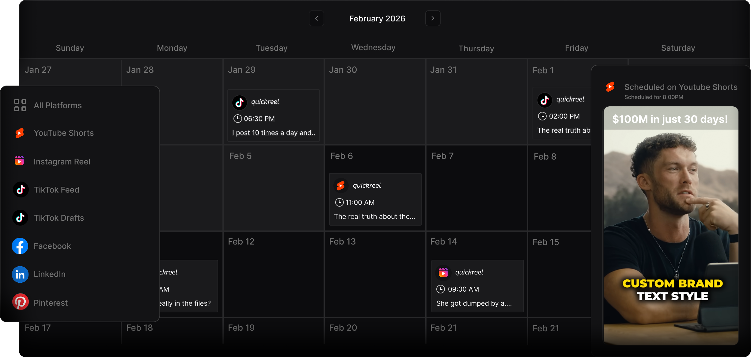 A screenshot of the QuickReel content calendar for February 2026, showing scheduled posts and a preview of a YouTube Short.