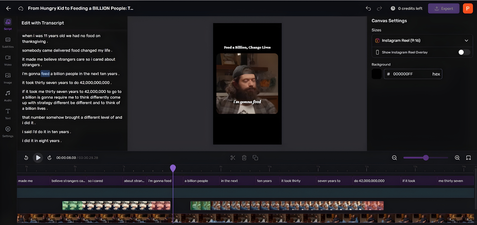 The QuickReel video editor showing a transcript on the left, a video preview in the center, and a timeline at the bottom, highlighting transcript-based editing.
