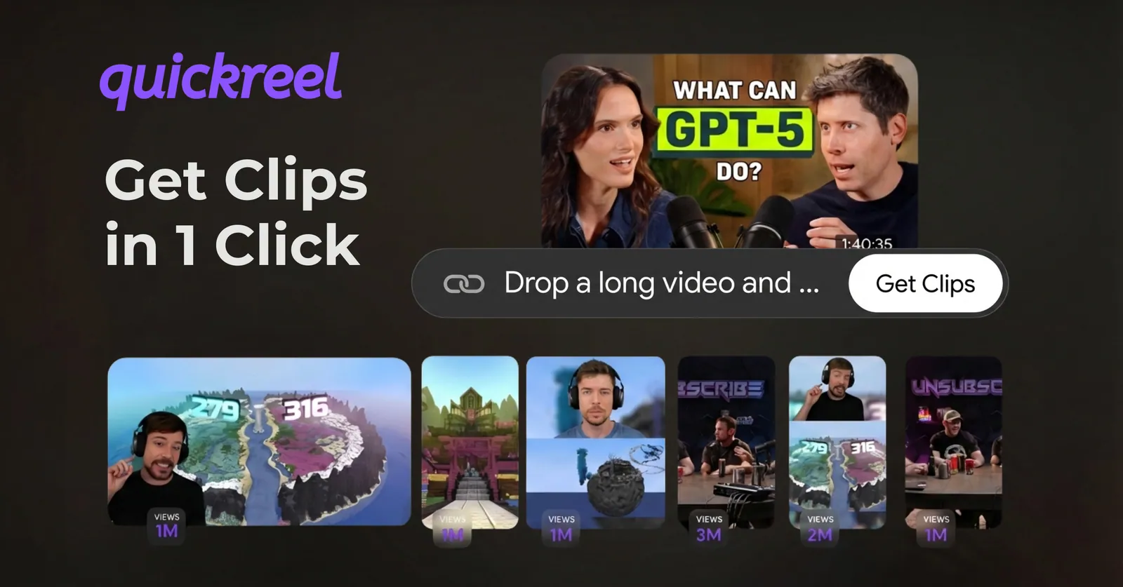 QuickReel UI showing how to get short clips from a long video in one click, with examples of generated clips below.
