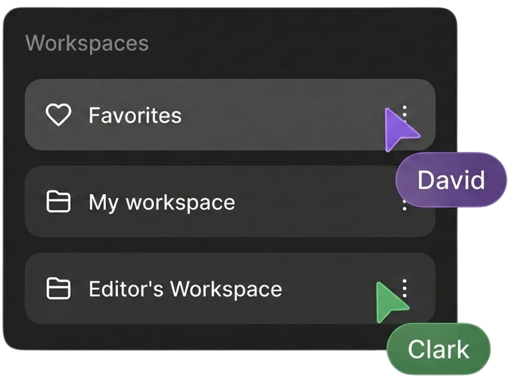Workspaces menu in a dark-themed UI, showing collaborative cursors for two users named David and Clark.