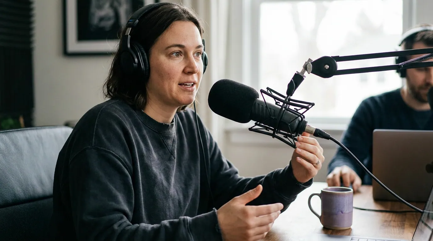 Illustration depicting Speaker Labels in Multi-Host Podcast Captions